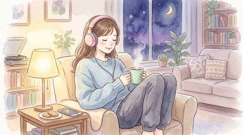  夜の部屋で音楽を聴きながらリラックスする女性
