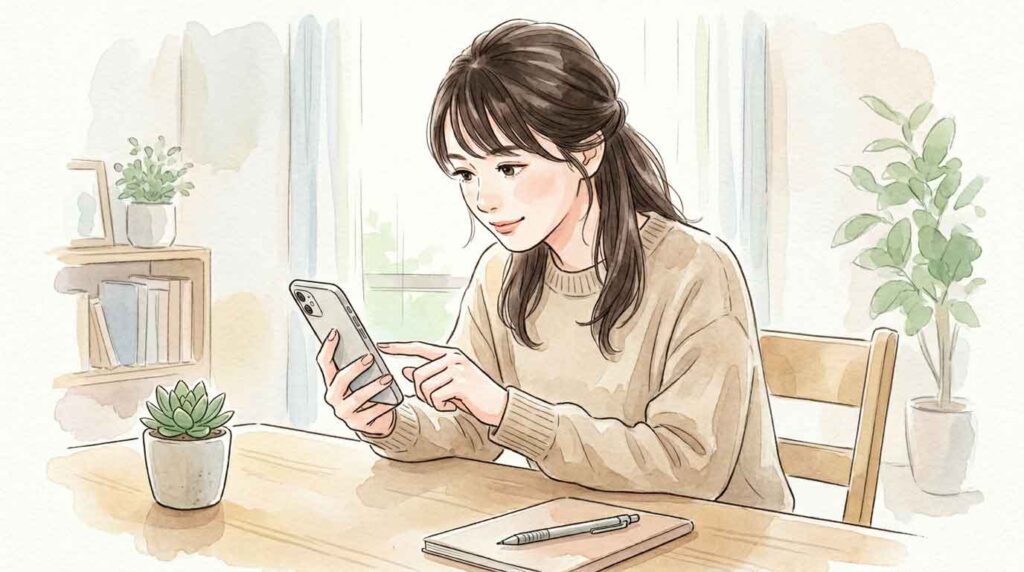 PhoneのApple Walletにマイナンバーカードのデータをセットしているところをのぞきこむ女性