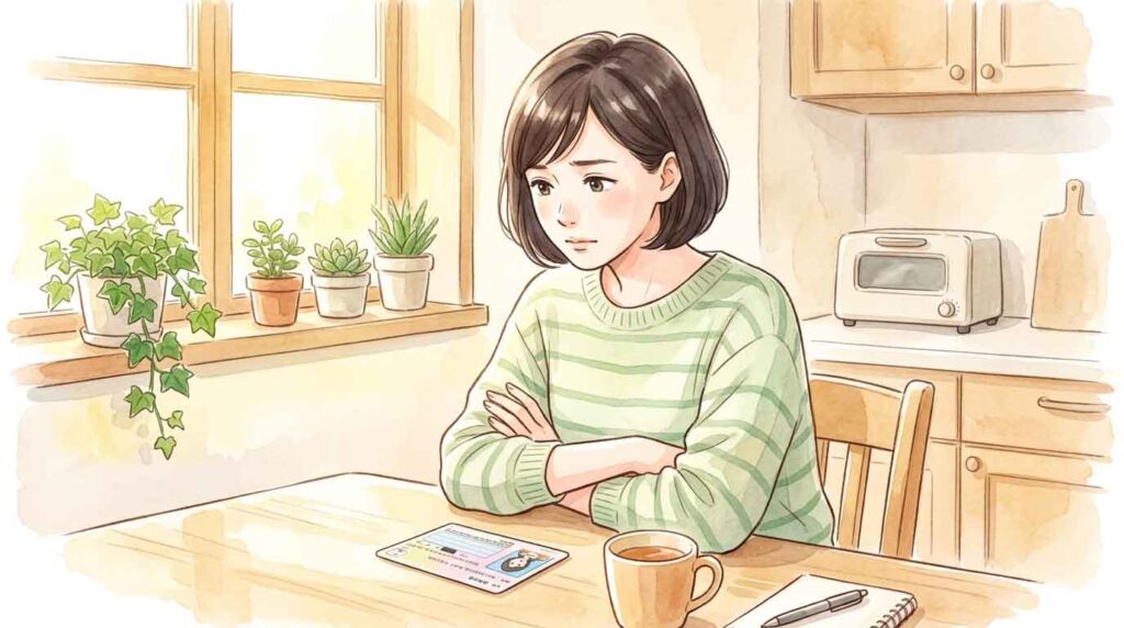 テーブルの上のマイナンバーカードを前に、腕を組んで悩む女性