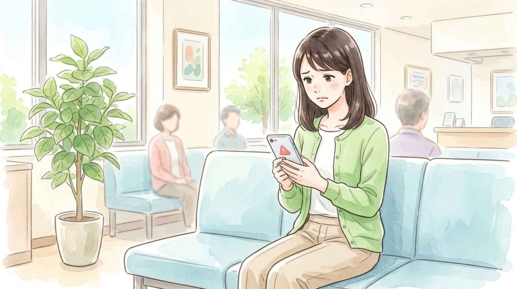 病院の待合室でスマートフォンを見ながら困った表情をしている女性