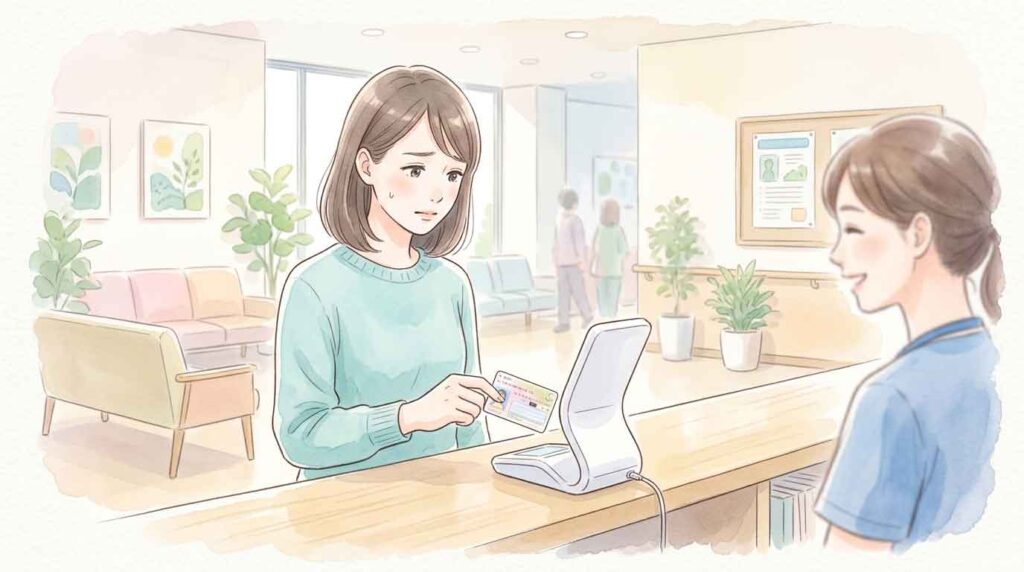 病院の受付窓口でマイナンバーカードをカードリーダーにかざす女性