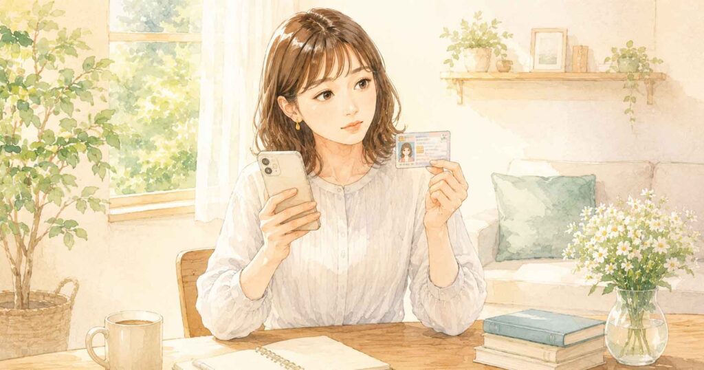 スマートフォンとマイナンバーカードを手に持ち、考え込む表情の女性