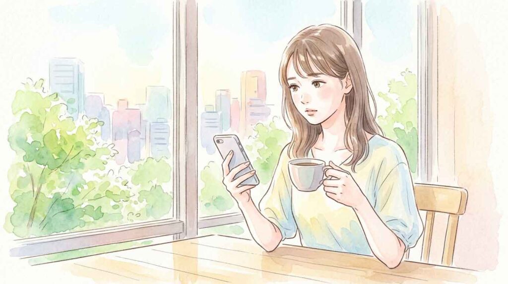 スマートフォンでニュースを見ながら考え込んでいるカフェの女性