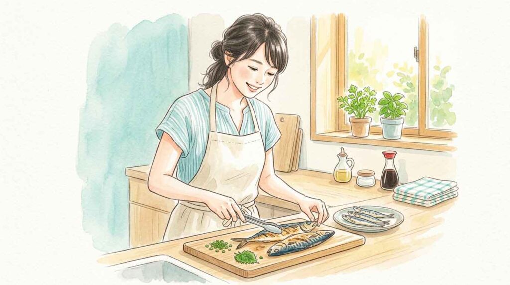 キッチンで青魚の料理を丁寧に準備している健康的な女性