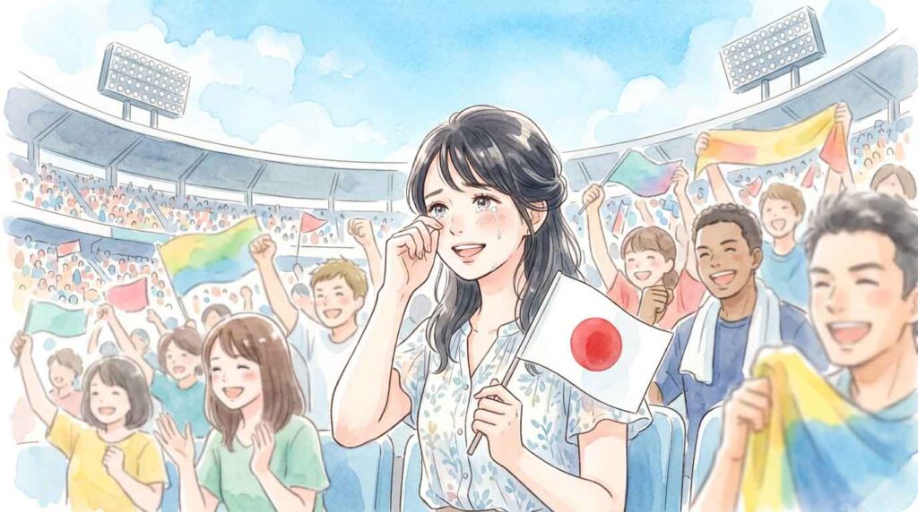 サッカースタジアムのスタンドで、国旗を持ちながら感動して涙ぐむ女性