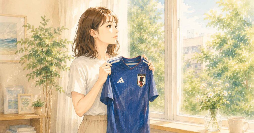 サッカー日本代表のユニフォームを手に、窓の外を見つめて気持ちを高める女性