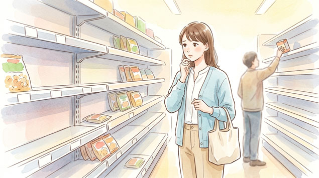 PIC6 | alt: スーパーの棚前で迷う女性と空になった陳列棚のイラスト