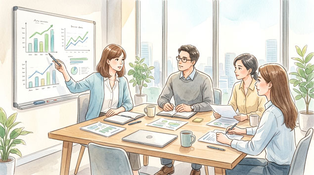 会議室でホワイトボードを前に政策を議論する人々のイラスト
