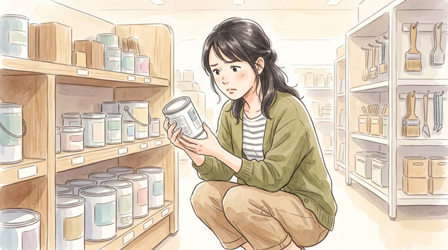  DIY中に塗料の缶を手に取り困った表情の女性