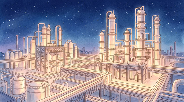 複雑な配管が続く石油化学工場の夜景をイメージしたイラスト