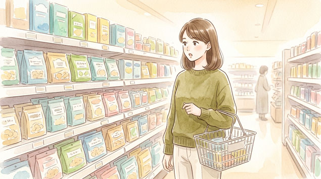 スーパーの棚に並ぶ包装材商品を見ている女性