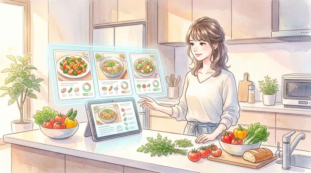 近未来の自宅でAIに食材提案を受けながら夕飯の準備をしている女性