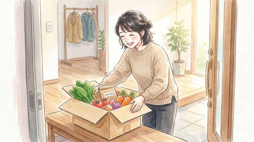 キッチンで保冷バッグに入った食材を取り出して喜んでいる女性