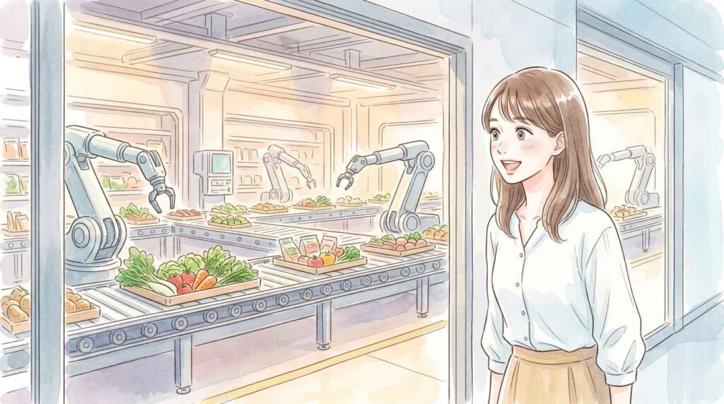 ロボットが倉庫で野菜をピッキングしている近未来的な物流センターを想像する女性