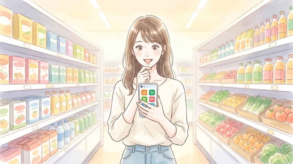 スマートフォンでAmazonのアプリを見て考え込む女性