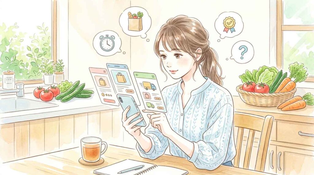 複数のネットスーパーのロゴが並ぶスマートフォン画面を見る女性