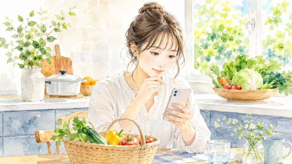 スマートフォンでネットスーパーのアプリを比較している女性