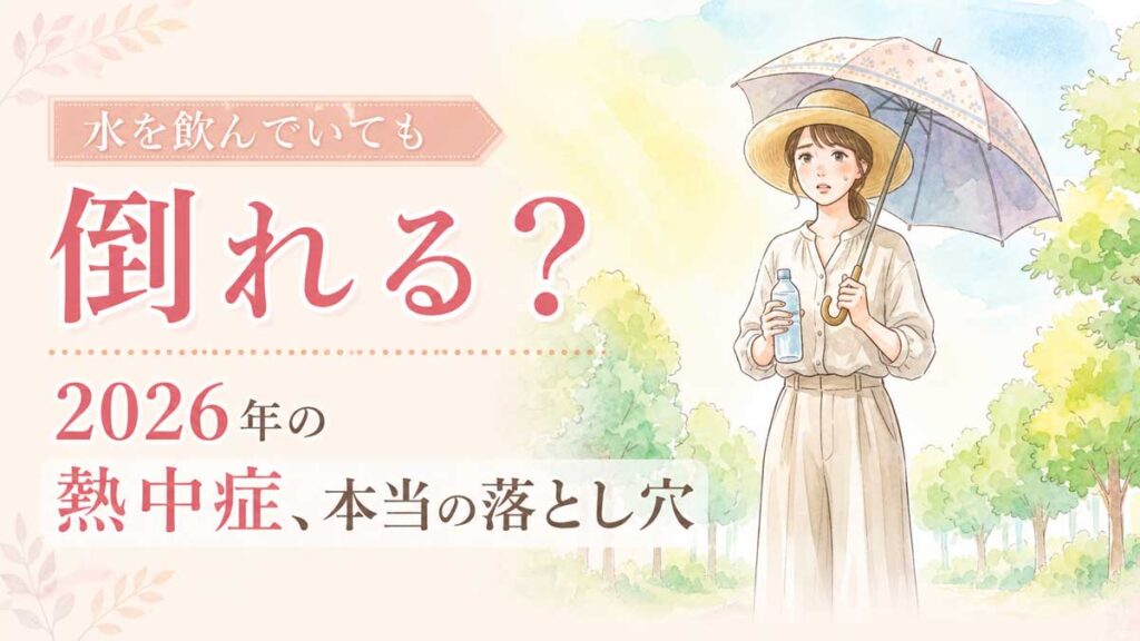 夏の公園で日傘を差しながら水筒を持つ女性のイラスト