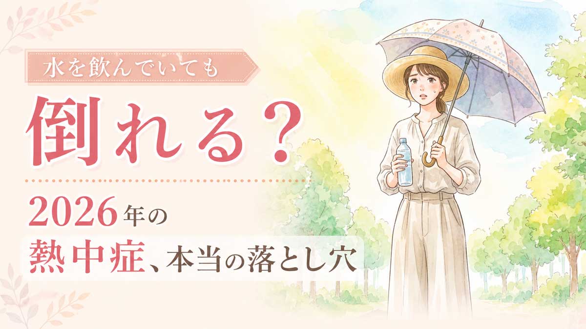 夏の公園で日傘を差しながら水筒を持つ女性のイラスト