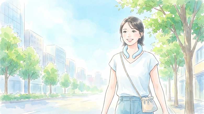 冷却グッズを首に当てながら外を歩く女性のイラスト