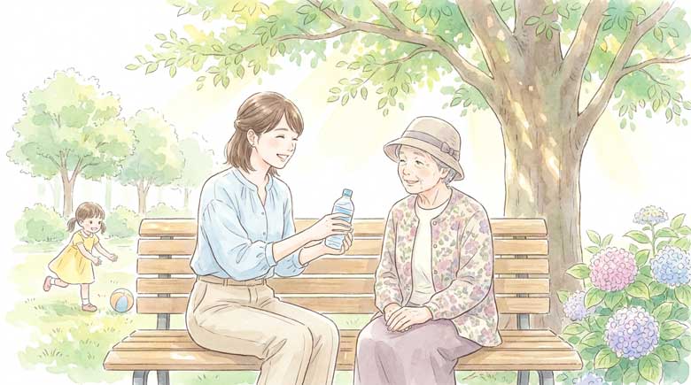 公園のベンチで祖母と一緒に休んでいる女の子のイラス