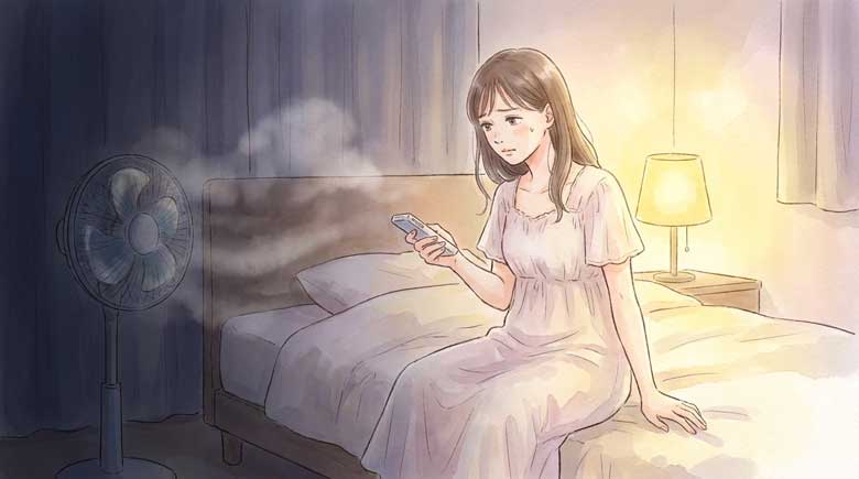 夜に自室でエアコンのリモコンを手に持って困っている女性のイラスト