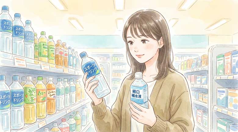 スポーツドリンクと経口補水液を手に取って比較している女性のイラスト