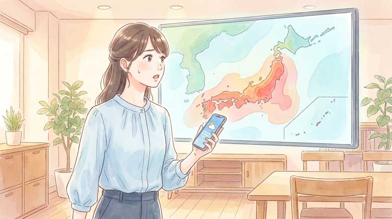 気象マップと上昇する気温グラフを見ている女性のイラスト