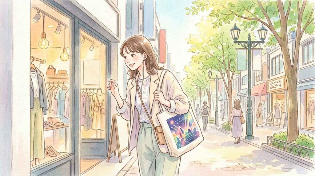原宿の街を歩きながらお店を覗いて楽しんでいる女性のイラスト