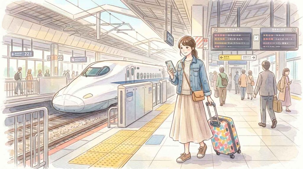  スーツケースを持って新幹線ホームに立っている女性のイラスト