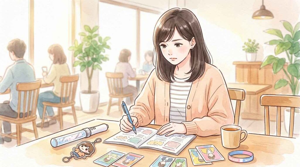 ライブ会場内でルールブックを確認している女性のイラスト