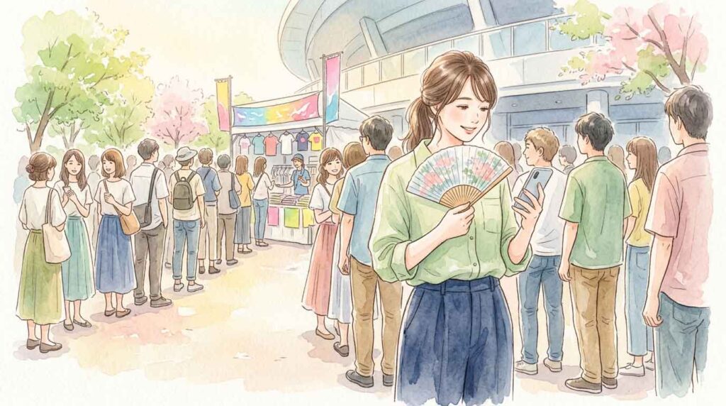 グッズ売り場に並んで待っている女性たちのイラスト