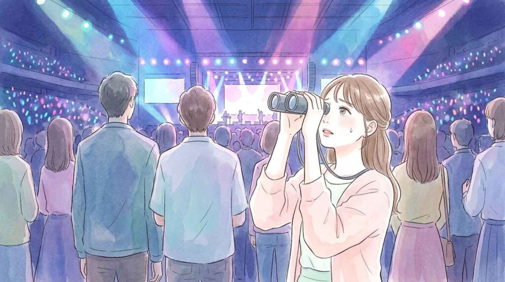 代々木第一体育館のアリーナ席からステージを見上げる女性のイラスト