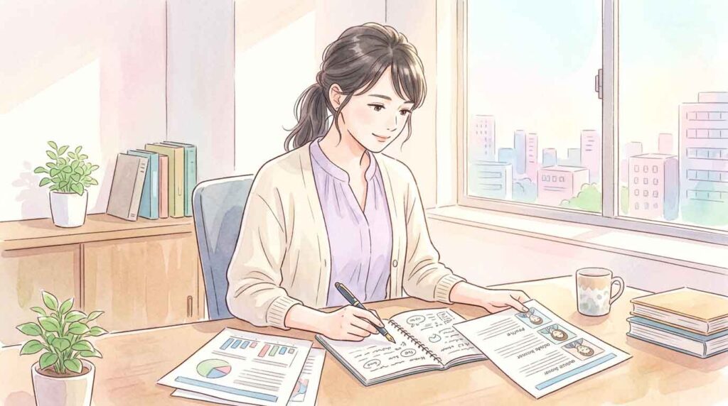  部品の図面とチェックリストを見比べて小さな違いに気づく女性