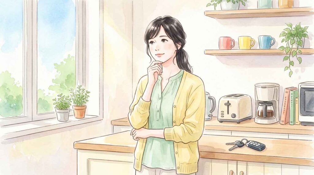 キッチンの家電と車のキーを前に企業の信頼について考える女性