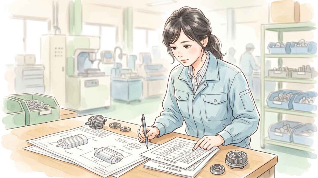 工場の資料と部品図面を見ながら品質問題を確認する女性
