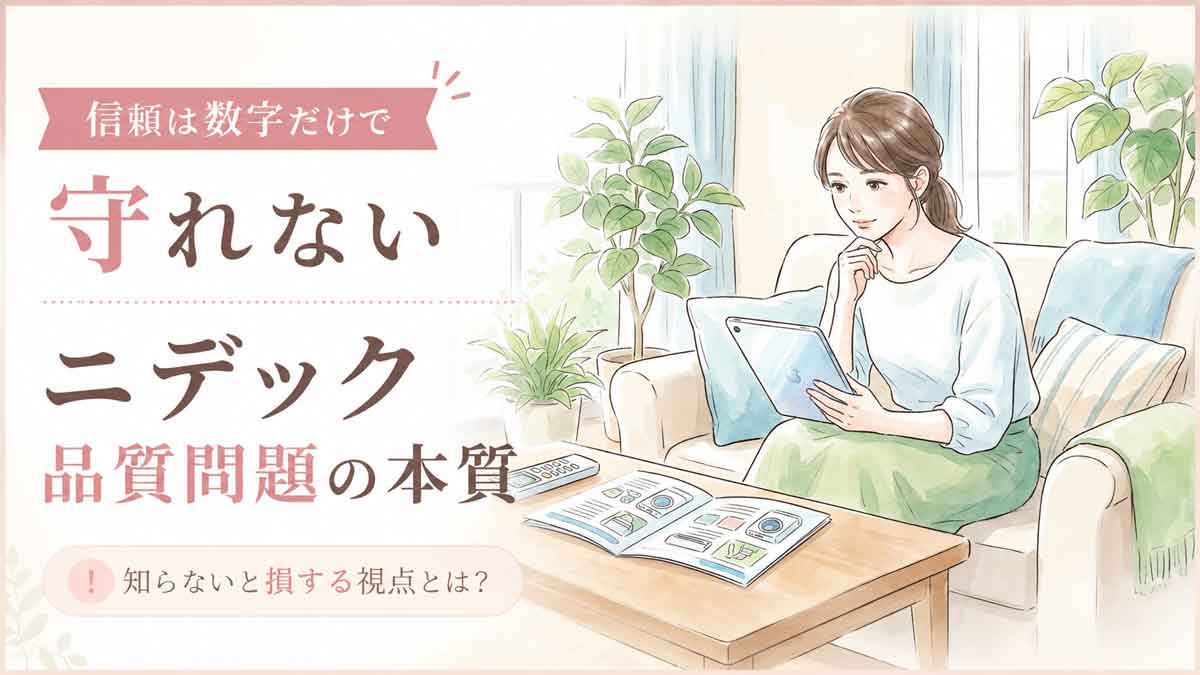 初夏のリビングで家電を見ながら企業ニュースについて考える女性