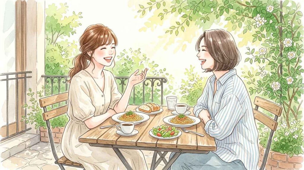 友人と屋外のテラスでランチをしながら笑顔で話している日本人女性のイラスト