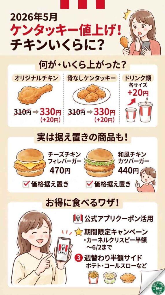 ケンタッキー値上げ2026年5月！チキンいくらになった？お得に食べるワザもインフォグラフ