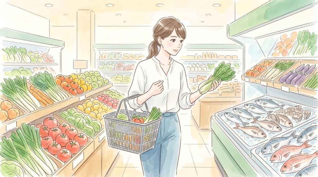 スーパーマーケットで野菜や魚を選びながらバスケットを持つ日本人女性のイラスト