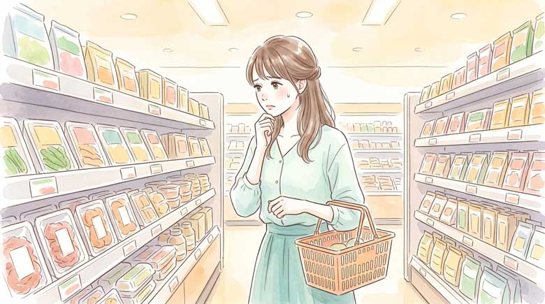 スーパーの食材売り場で食費を計算しながら悩む女性のイラスト