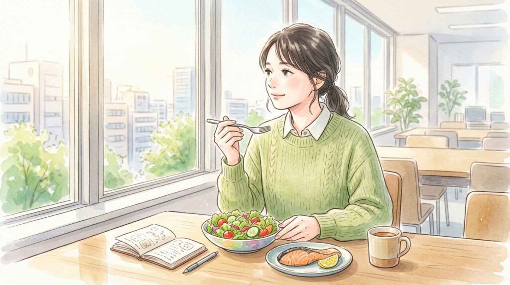 オフィスで昼食にサラダや魚を食べながら窓の外を見ている30代日本人女性のイラスト
