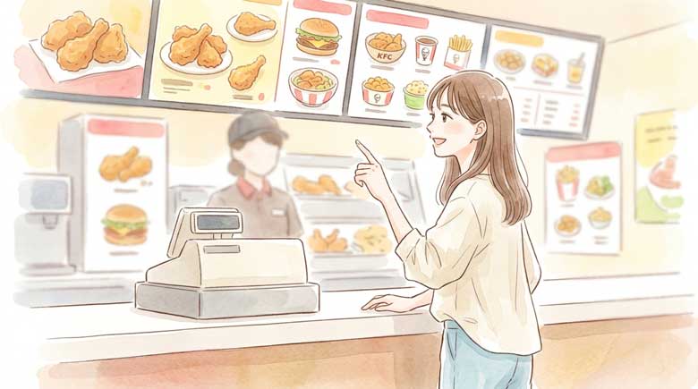 ケンタッキーのメニュー表を指差しながら選んでいる女性のイラスト