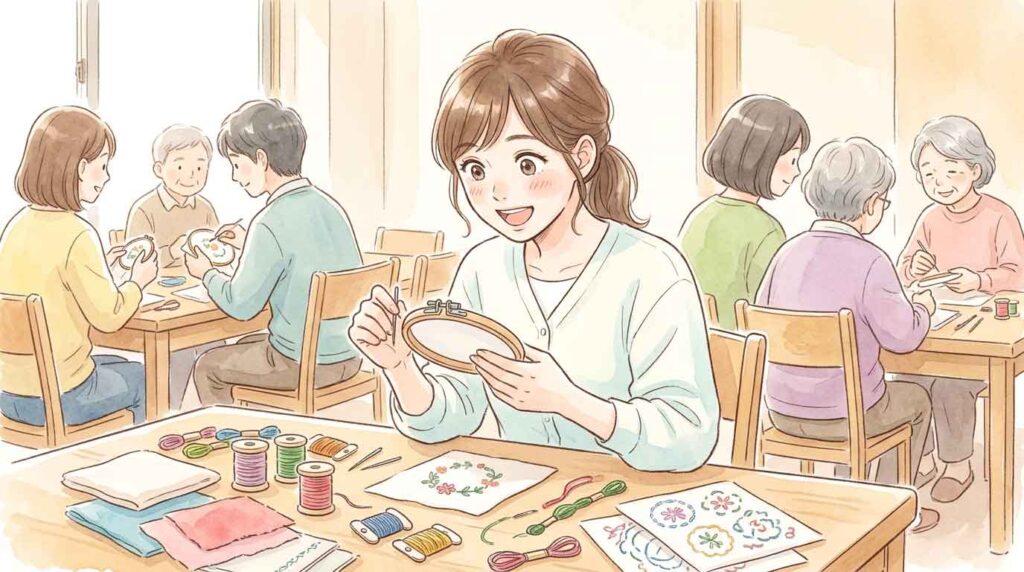 公民館の手芸教室で初めての刺繍に挑戦してわくわくした表情の日本人女性のイラスト