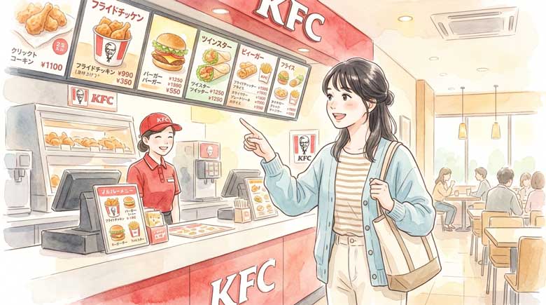 ケンタッキーのオリジナルチキンと値段表示が並ぶカウンターイラスト