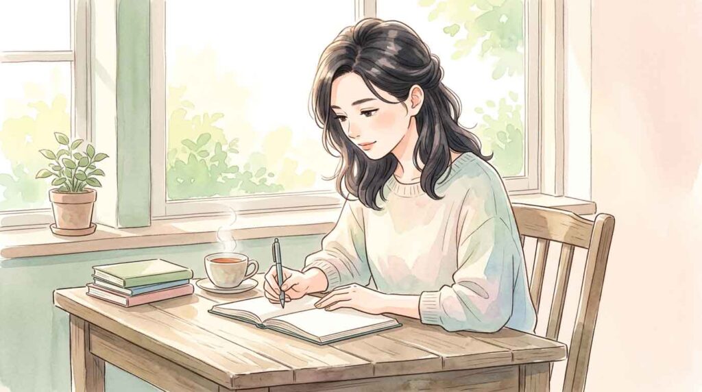 自宅の机でノートに文字を書きながら集中している日本人女性のイラスト