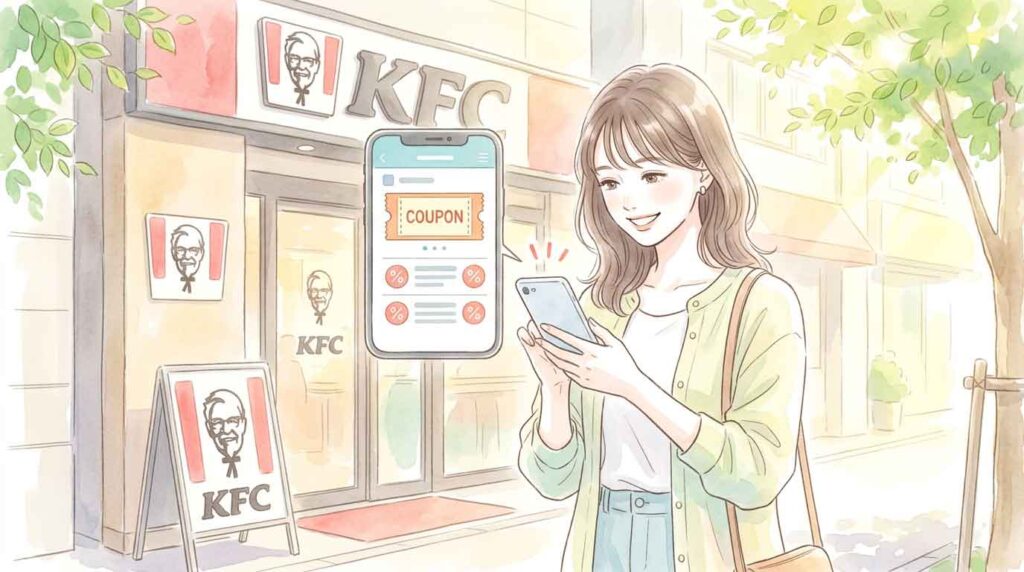 ケンタッキーのお安いクーポンをゲットしている女性

