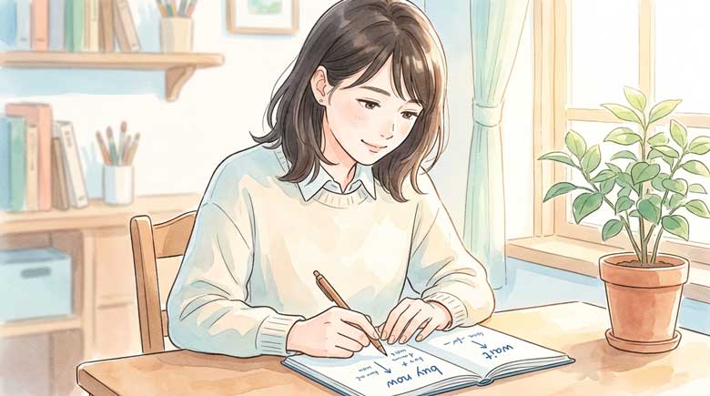 手帳に「買う」「待つ」と書きながら検討する女性