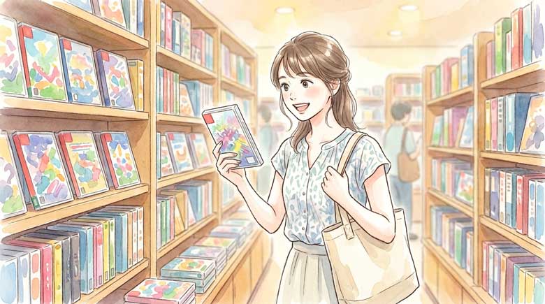  ゲームショップのソフト売り場で楽しそうに選ぶ女性
