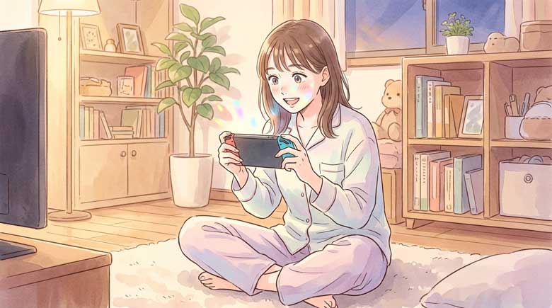 リビングで携帯ゲーム機をプレイして楽しむ女性